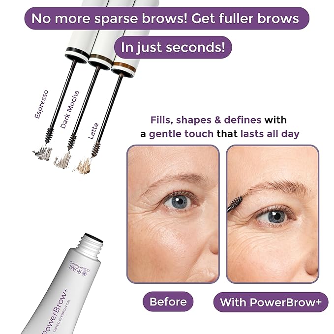 Rumi Cosmetiques PowerBrow+ Tinted Eyebrow Gel For Mature Women - Defines, Fills, Thickens Brows - 2-in-1 Formula - Natural Color, Quick Fixing, Long-Lasting - Hypoallergenic