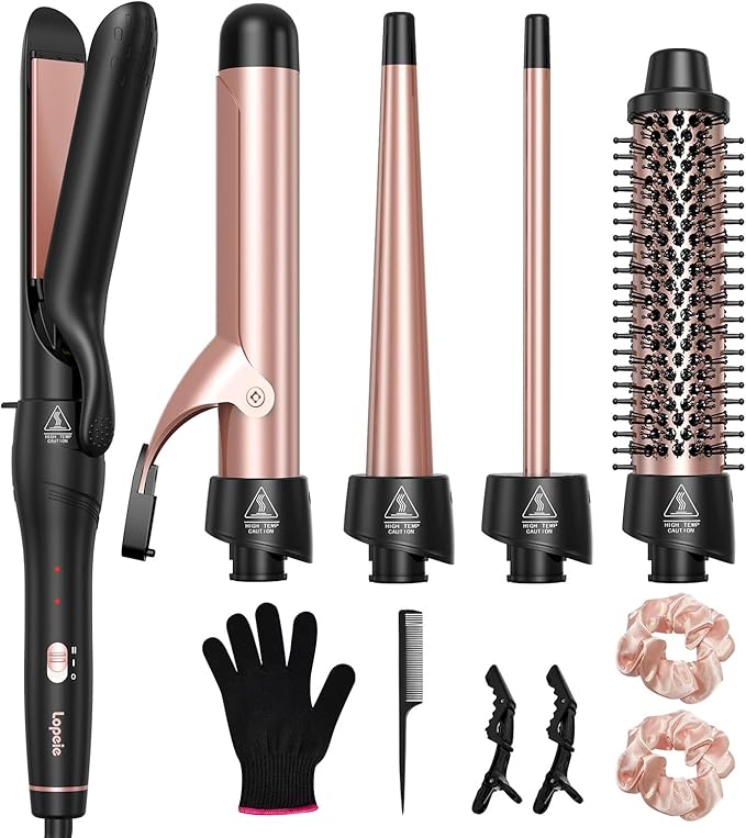 Lopeie 5 in 1 Curling Iron with Thermal Brush and 4 Interchangeable Ceramic Barrels(1/2 to 1 1/2 inch), Curling Wand Set with Flat Iron, Fast Heating, Dual Voltage Hair Curler, Gifts for Women