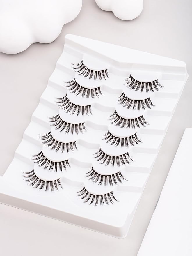 Manga Lashes Anime Eyelashes 10MM Wispy Lashes C Curl False Eyelashes Asian Korean Lash Strips Thin Band Fake Eyelash 7 Pair Siligli