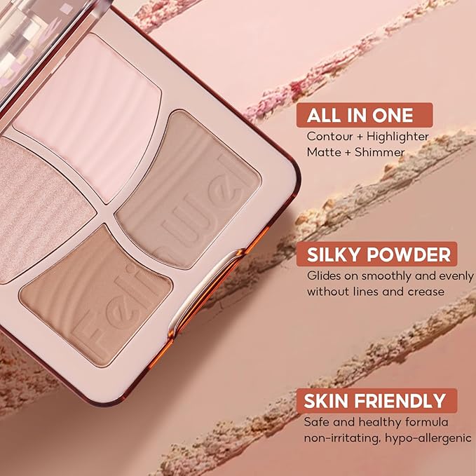 FelinWel Highlight Contour Makeup Palette Effortless Blending Matte Shimmer Highlighter Palette and Bronzer Powder for Cool Toned Skin with Brush
