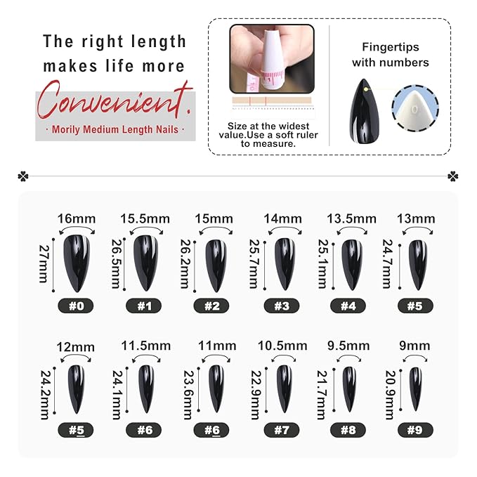 morily 24Pcs Black Press on Nails Stiletto Fake Nails Medium Length Almond False Nails Tips Long Acrylic Glossy Stick on Nail Solid Color Full Cover Fingernails Manicure for Women (Black)