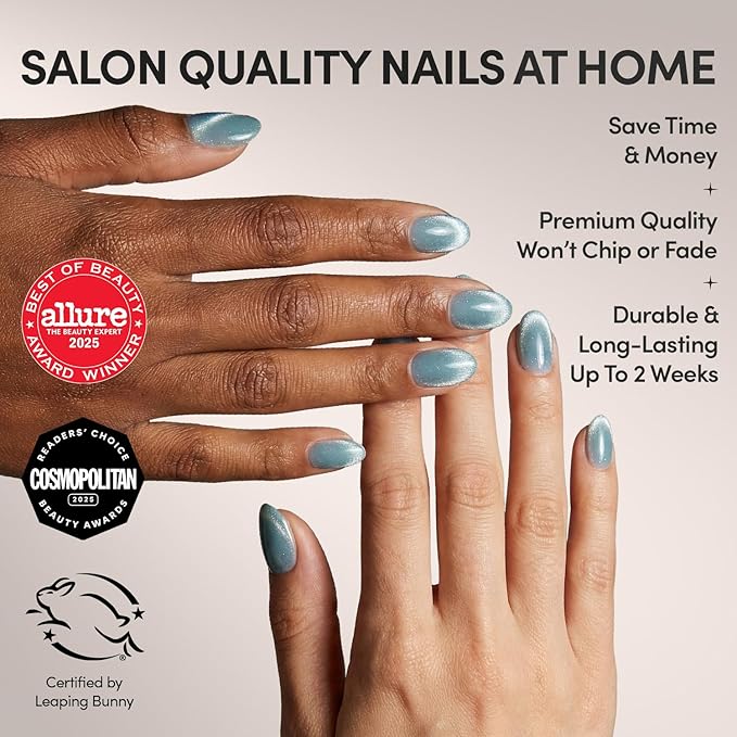 Glamnetic Press On Nails - Unicorn Tears | Short Oval, Misty-Grey Nails with a Mesmerizing Metallic Finish | 15 Sizes - 30 Nail Kit with Glue