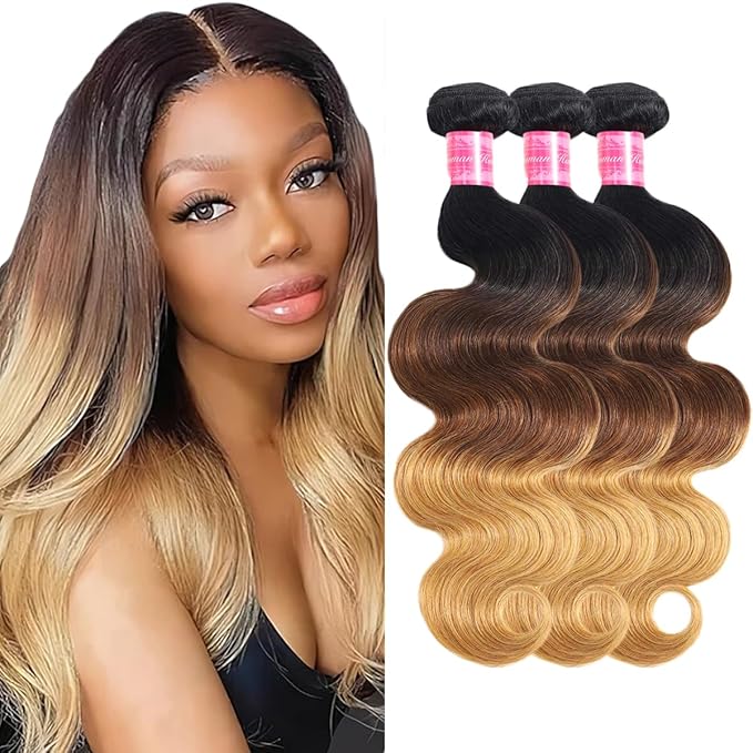Ombre Body Wave Human Hair Bundles (24 26 28 Inch) 12A Grade Brazilian Virgin Remy 100% Human Hair Extensions 3 Tone 1b/4/27 Color Bundles