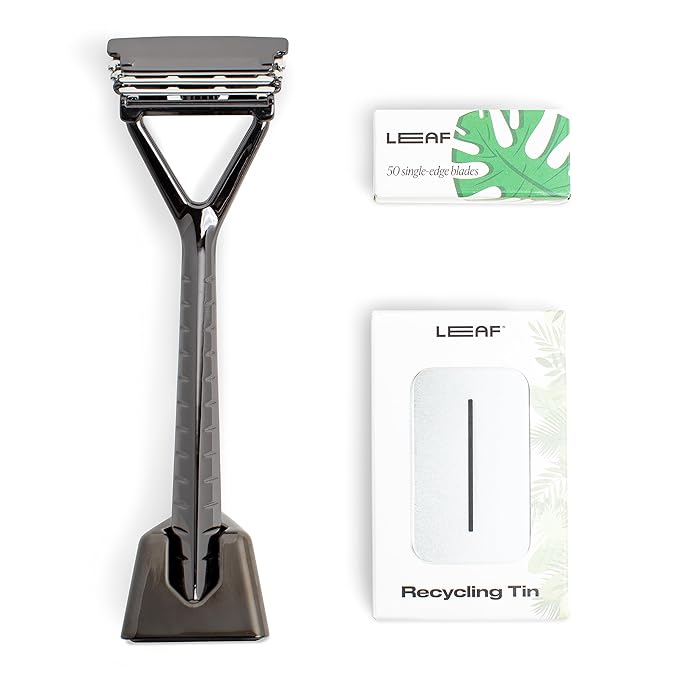 Leaf Shave | Leaf Razor Set, All-Metal Safety Razor with Pivoting Head & Adjustable Blade Loading, Includes Matching Stand, 50 Single-Edge Refills, and Recycling Bank for Used Blades - Mercury