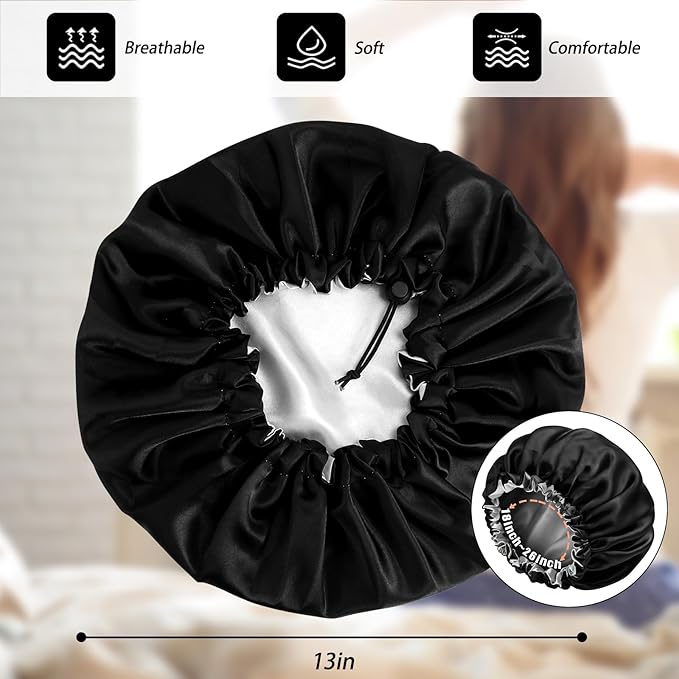 Satin Silk Bonnet for Curly Hair Bonnet Braid Bonnet for Sleeping Bonnets for Women Large Double-Layer Adjustable(Black&Champagne)