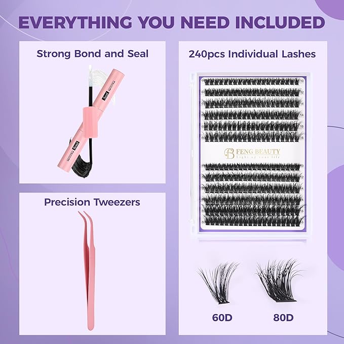 DIY Mega Volume Lash Extension Kit – 240PCS 60D/80D Fluffy Volume Lash Clusters, D Curl Eyelash Clusters with Bond & Seal, Dramatic Wispy Look, 10–16mm Mixed Lengths, Waterproof, Long-Lasting