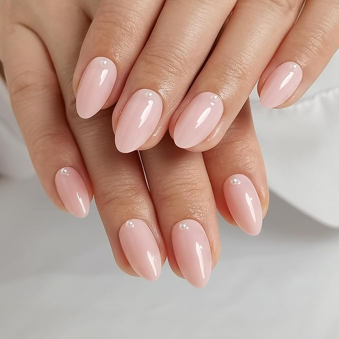RPNZL Press On Nails - Pearl | Bubble Bath Medium Almond Fake Nails With Pearl Design, Reusable Salon Quality | 32 Nails, 16 Sizes Kit with Glue and Adhesive Tabs I Female Founded