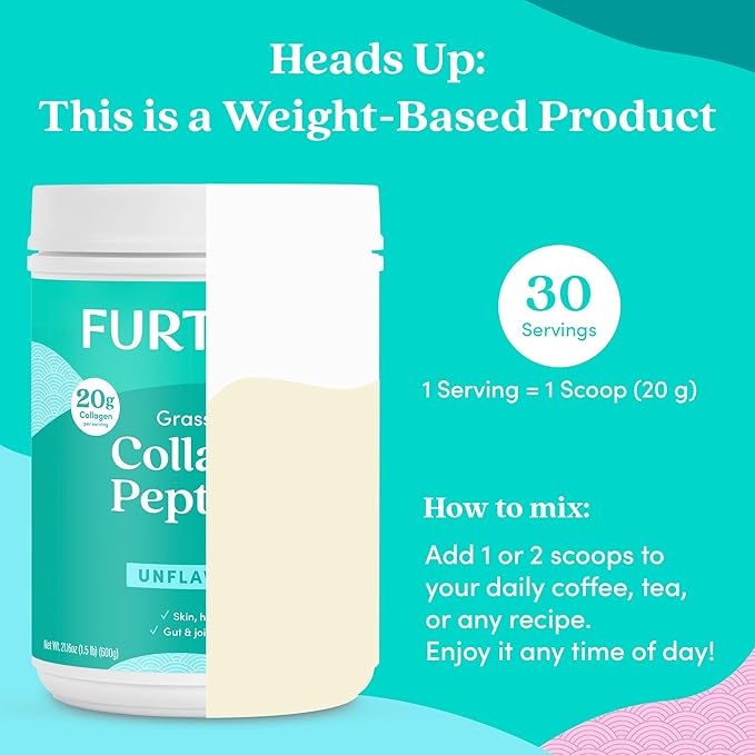 Further Food Unflavored Collagen Peptides Powder - 100% Grass-Fed, Hydrolyzed Type 1 & 3, 20g of Collagen per Serving, Supports Skin, Hair, Nails & Joints, 1.5 lb