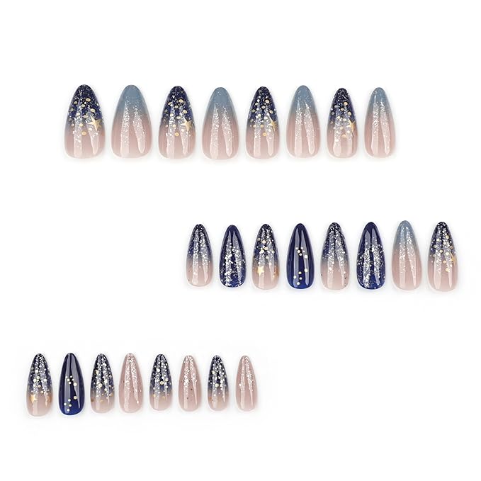 XZMeiLun Press On Nails Spring Acrylic Nails for Women - Starry sky Designer Fake Nails Medium Almond 24PCS, Glossy Soft Gel with Glue, Outdoor Picnic/Wedding/Party Reusable Stick On Nails Gift