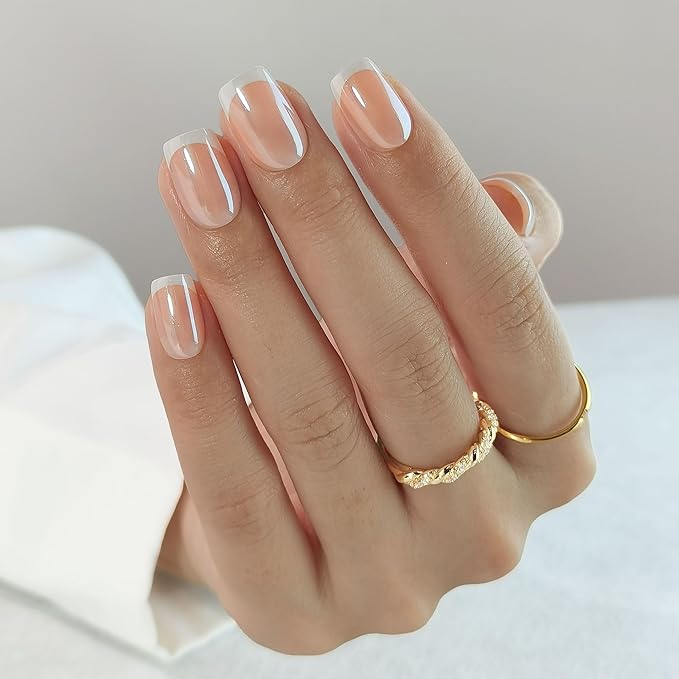 RPNZL Press On Nails - Sweetie | Short Square French Tip, UV Finish Almond Nails, Salon Quality | 32 Nails, 16 Sizes Kit with Glue and Adhesive Tabs I Female Founded