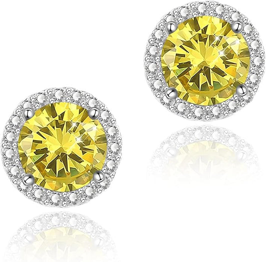 YOMELA Cubic Zirconia Earrings Studs, Halo CZ Birthstone Simulated Diamond Stud Earrings for Women