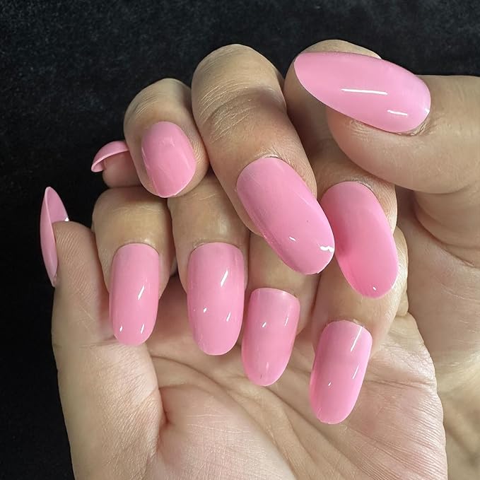 JONKASIPA Press on Medium Almond Shape, Pink Gel Nails, Glossy Short Tip Reusable Fake Nails, Acrylic Fake Nails Manicure Set, Designed for Women