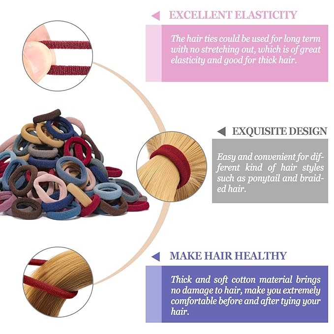 100PCS Seamless Thick Hair Bands - Elastic Ponytail Holders, No-Crease Cotton Ties for Women, Kids and Toddler Girls Hair Ties (set 3)