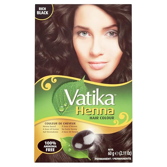 Vatika Naturals Permanent Hair Dye Rich Black – Ammonia-Free With Natural Henna, Grey Coverage, Nourishing Herbal Blend, Long-Lasting Hair Color for Soft, Shiny Results – 6 Sachets X 10g