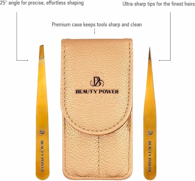 Beauty Power Professional Tweezers Set – Slant & Point, Ultra Precision German Stainless Steel Tweezers for Eyebrows, Chin, Ingrown Hair & Facial Grooming – Lightweight with Travel Case (Matte Gold)
