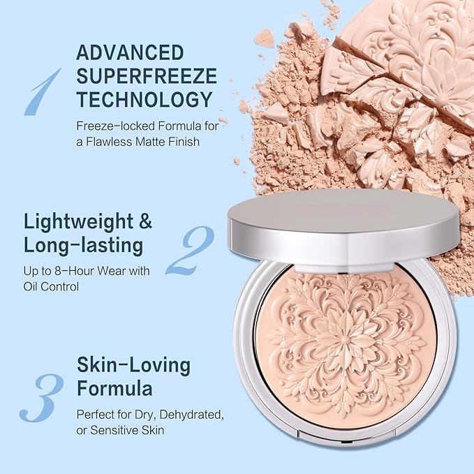 SuperFreeze Pressed Setting Powder, Freeze-Dried Skincare Powder for All-Day Oil Control, Pore-Blurring Matte Finish with Hyaluronic Acid & Niacinamide, Smooth Crease-Resistant Compact (Natural)