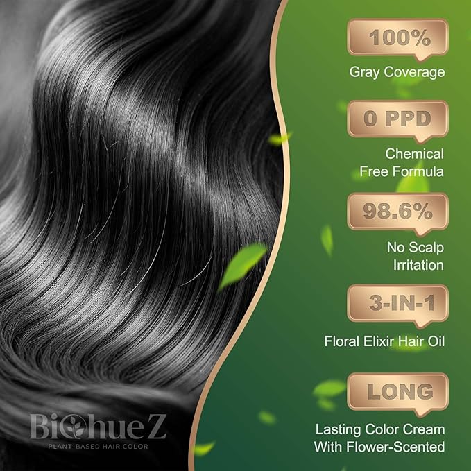BioHueZ Permanent Hair Dye Gray Coverage Hair Dye PPD-Free Permanent Hair Color for Women 1B Obsidian Noir Black Natural Black