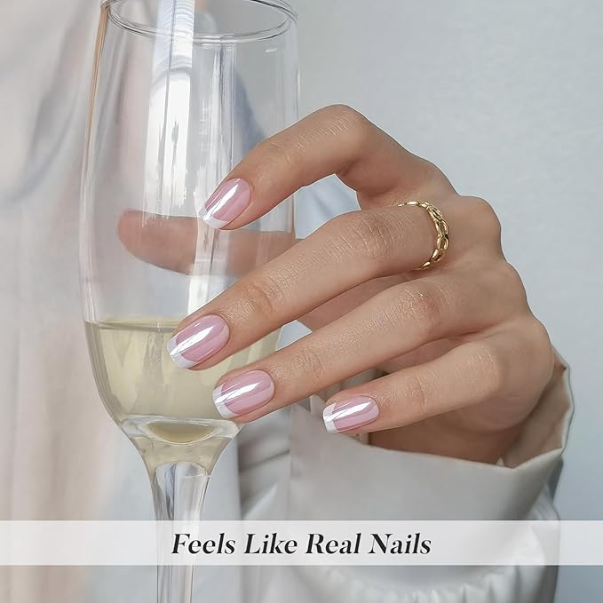 SHANGMENG White Chrome French Tip Press on Nails Short - Soft Gel Press on Nails Square for Women Gift, Glossy Glue on Nails in 16 Sizes - 32 Reusable Fake Nails Kit with Glue, Aurora French