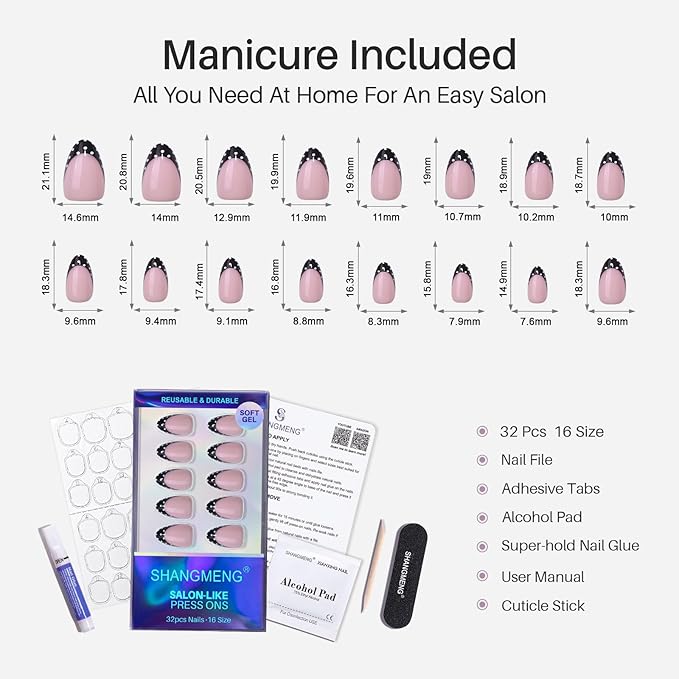SHANGMENG Black French Tip Press on Nails Short - Polka Dots, Soft Gel Almond Press on Nails for Women, Seamless Fit Glue on Nails in 16 Sizes - 32 Reusable Fake Nails Kit with Glue