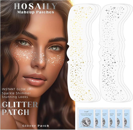 HOSAILY 6 PCS Glitter Freckles Face Tattoo, Gold&Silver Waterproof Face Sparkle Glitter Speckles Patches for Women, Cute Star Metallic Glitter Temporary Tattoo Makeup Accessories for Festival #Set A