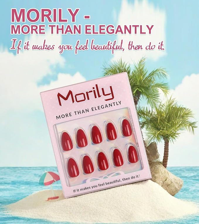 Morily Red Press on Nails, 30Pcs Short Almond Fake Nails Glossy Acrylic False Nails Reusable Full Cover Stick on Nails for Women, 15 Sizes, Thicker Fingertips