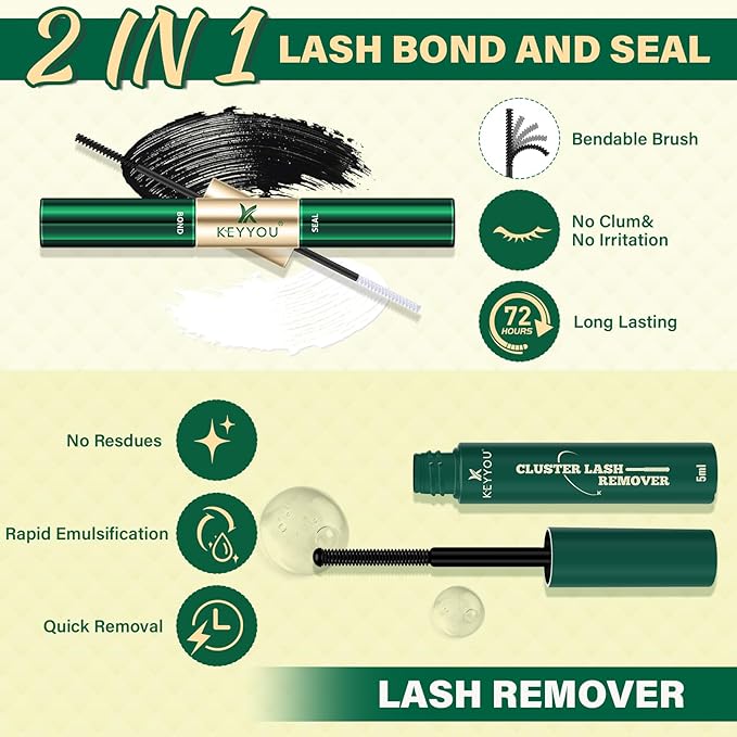 KEYYOU LASH Manga Lash Clusters Kit 8-18mm Eyelash Clusters Kit DIY Lash Extension Kit Natural Fairy Cluster Lashes with Lash Bond Seal Remover Applicator Soft Thin Band(MG02)