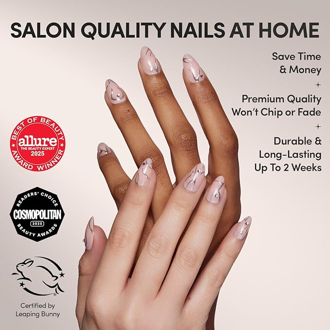 Glamnetic Press On Nails - Astro | Semi-Transparent 3D Metallic Silver Swirl Short Almond Fake Nails in a Glossy Finish | 15 Sizes - 30 Nail Kit with Glue
