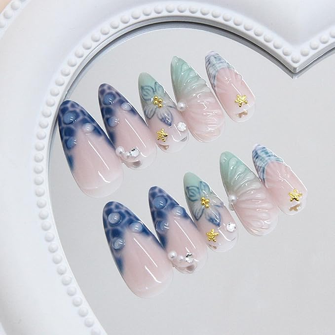 JONKASIPA 24 Pcs French Press On Nails, Medium Length Almond Shape Fake Nails, 3D Flower Nail Decoration Full Coverage Blue Patch Nails Artificial Nails For Women