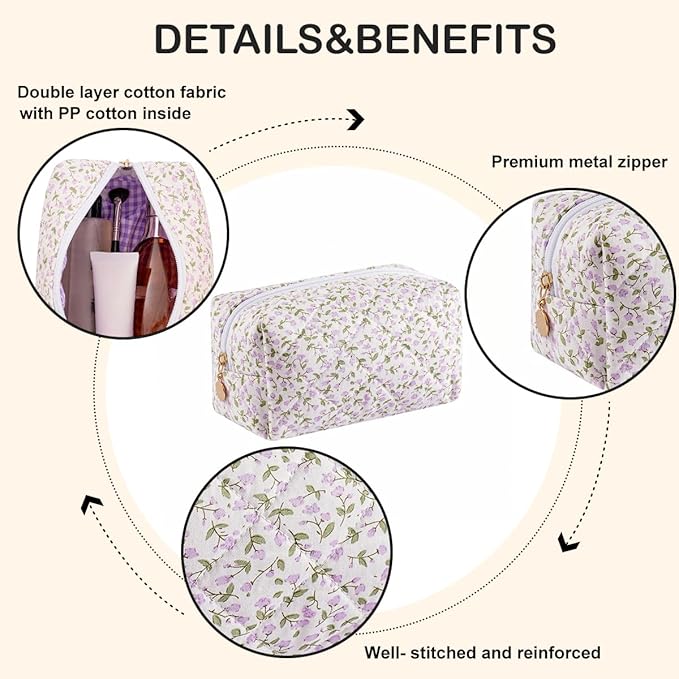 Cute Floral Makeup Bag Small Cotton Quilted Cosmetic Bag, Aesthetic Essential Bag Emergency Bag Gift for Women Girls Travel Accessories (Purple Flowers)