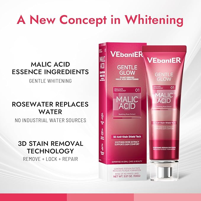 Vebanler MALIC Acid Teeth Whitening Toothpaste,Natural Care Deep Stain Removal&Plaque,Fluoride Free,Non Toxic,for Adults, Kids and Sensitive Teeth，with Niacinamide，3.57oz.