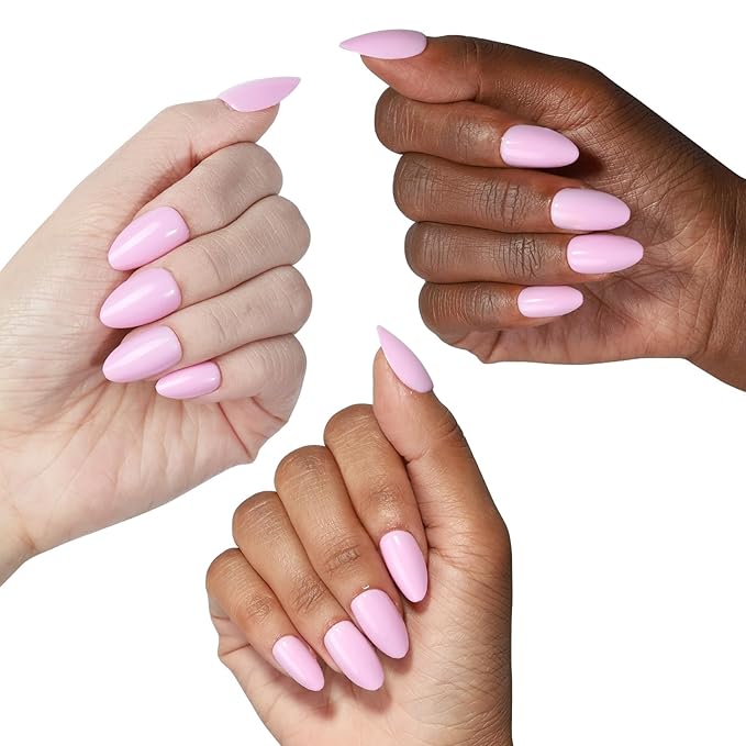 Pink Press On Nails Short 16 Sizes 32pcs Almond Fake Nails Glossy, Nail Glue Included