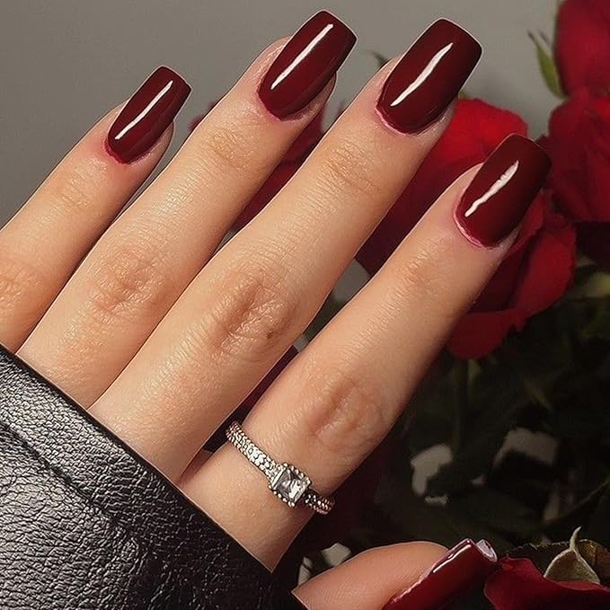 GLAMERMAID Burgundy Press on Nail Medium Square, Dark Red Handmade Jelly Soft Gel Nail Square Fake Nail, Glossy Stick Glue 0n Nail Kit for Women, Reusable Stick on Acrylic Fake Nail Manicure Set