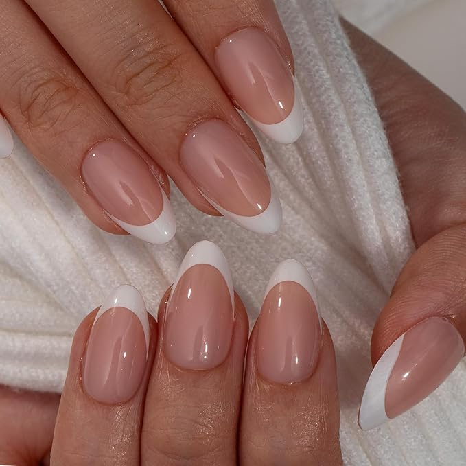 CurvLife Press On Nails Medium Almond White French Tip, Nude Pink Soft Gel Glossy Fake Nails, Reusable Durable Salon-Style Manicure for Women Teens Beginners, 30pcs, Daily Wear for Work Party