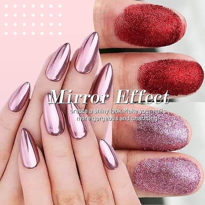 evpct 2Pcs Red Rose Gold Metallic Mirror Effect Chrome Nail Powder Kit for Nails Polish Rainbow Holographic Iridescent Chameleon Neon Nails Pigment Mirror Chrome Nail Powder for Gel Nails Glitter