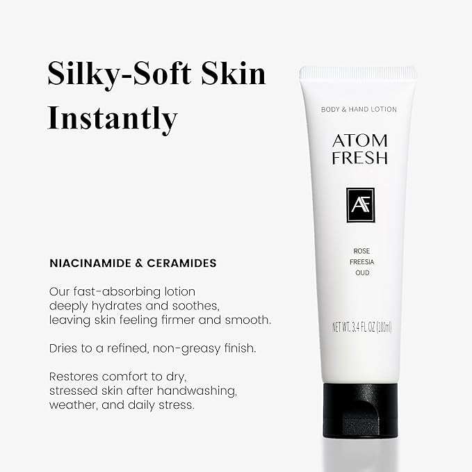 Atom Fresh Hand Cream for Women, Rose Freesia Oud | Deep Repair Hand Lotion with Ceramides & Niacinamide | Strengthens Skin Barrier & Soothes Dry, Sensitive Hands | Fast-Absorbing, Vegan (3.4 fl oz)