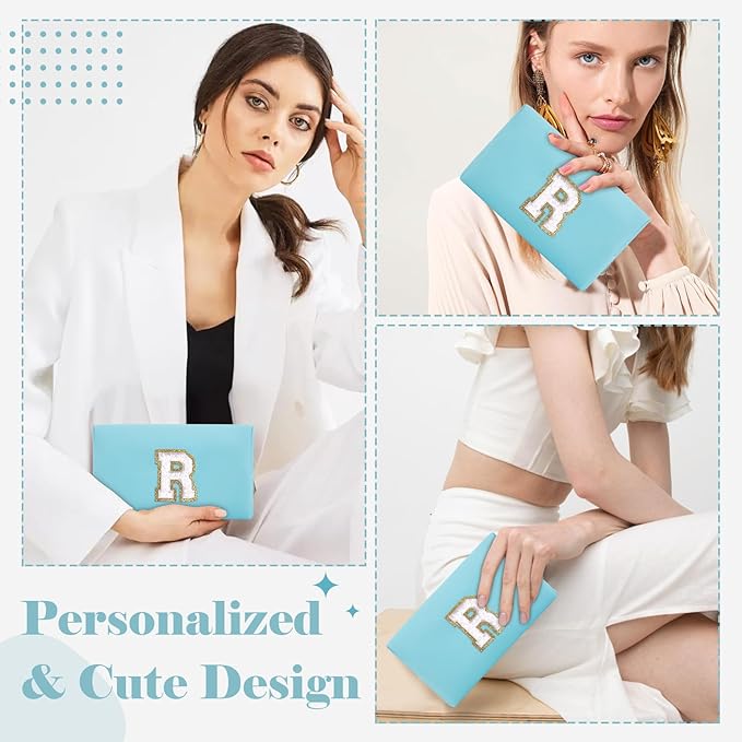 Small Personalized Initial A-Z Preppy Patch Makeup Bag,PU Chenille Letter Travel Cosmetic Pouch with Zipper,Blue Cute Toiletry Bag,Gift Ideal for Teen Girls Women Teacher Bridesmaid,Letter R