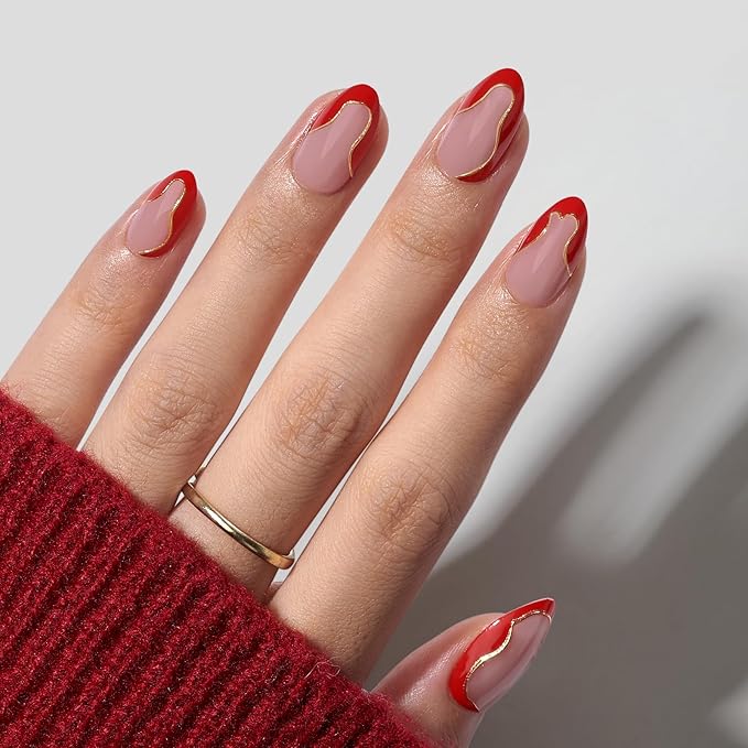 BTArtbox French Tip Press On Nails - Short Almond Red Valentines Press On Nails with Glue and Adhesive Tabs for Women in 16 Sizes - 32 Soft Gel Glue On Nails Kit, Wildfire Waves