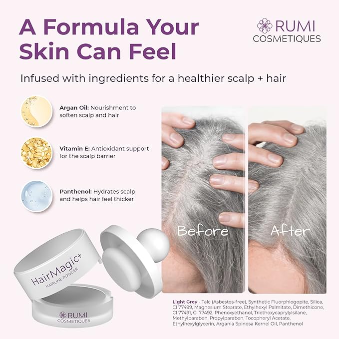 Rumi Cosmetiques HairMagic+ Root Touch Up Powder for Mature Women – Instant Gray Hair Coverage & Hairline Filler – Water-Resistant, Natural Finish, with Argan Oil & Vitamin E (Light Grey)