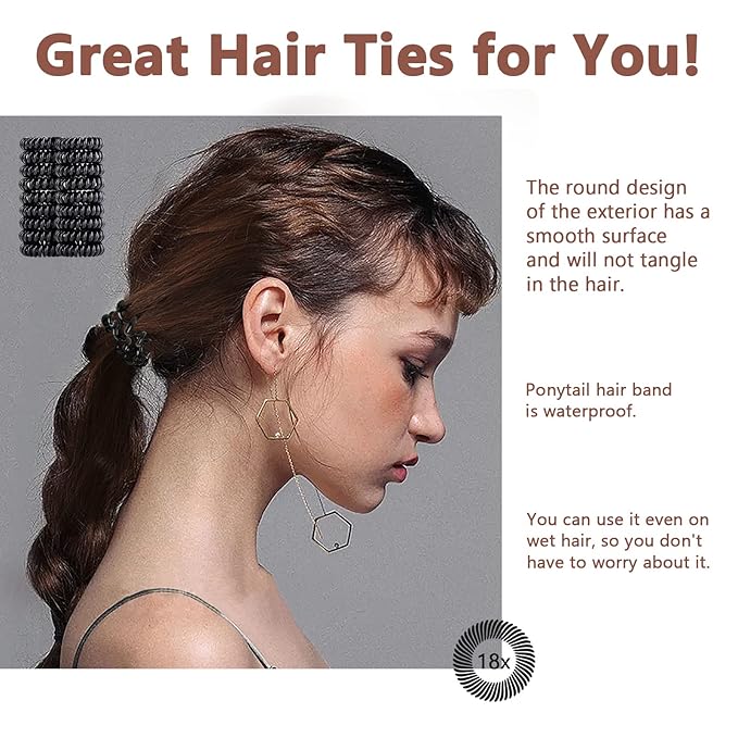 18pc Spiral Hair Ties for Women – Black Elastic Hair Ties No Damage, Ponytail Holders for Thick and Thin Hair – Creaseless and Dent-Free Coil | Ideal Gifts for Women Set. (Black hair ties)
