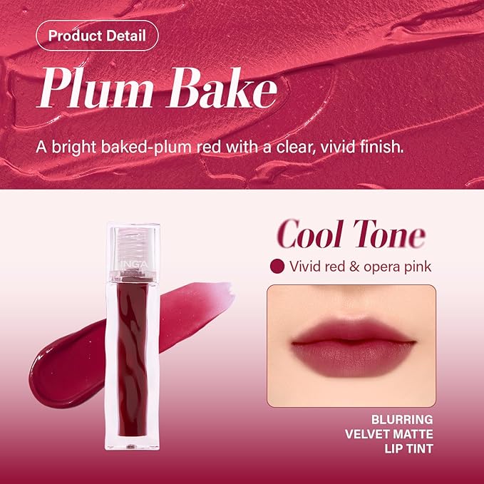 INGA Blurring Velvet Matte Lip Tint - Soft-Blur Matte Finish, Waterproof, Transfer-Proof, Long-Lasting Lip Stain, Lightweight Buildable Color with Hydrating Comfort (PLUM BAKE)