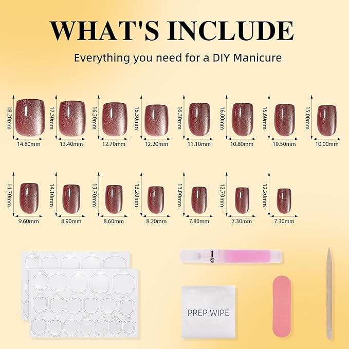 Leefrei Press On Nails - Short Square Press on Nails Rose Glazed Nails Press Ons for Women DIY Fake Nails Kit with Glue, Glossy Reusable Glue on Nails Short in 15 Sizes - 30pcs, Rosewood Glow