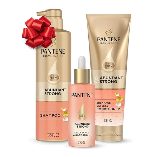 Pantene Abundant & Strong 3-Piece Regimen with B5 Complex + Niacinamide, Shampoo (13.5 oz), Conditioner (8 oz), Serum (2 oz) for Hair Loss, Thinning, Anti-Breakage, Volume - Grows Healthier