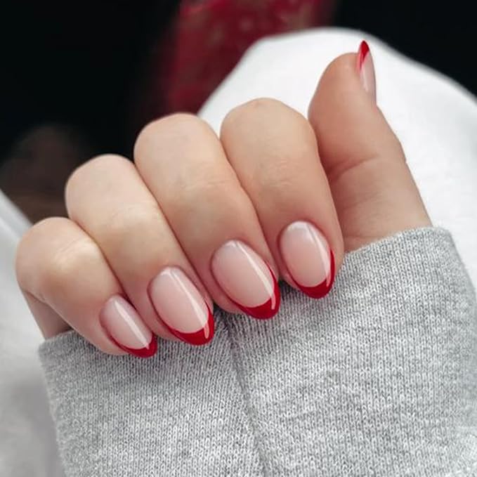 Modelones Red French Tip Press on Nails Short, Valentines Oval Fake Nails, Reusable Nail Kit with Nail Glue Adhesive Tabs Mini Nail File, Nails Press Ons 32Pcs 16Sizes, Women Girl Gift