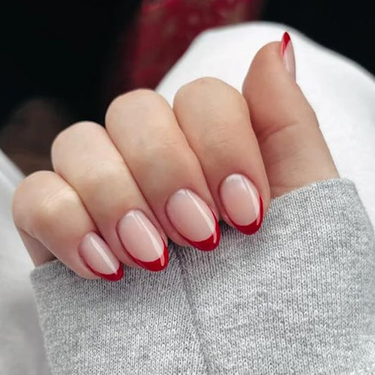 Modelones Red French Tip Press on Nails Short, Valentines Oval Fake Nails, Reusable Nail Kit with Nail Glue Adhesive Tabs Mini Nail File, Nails Press Ons 32Pcs 16Sizes, Women Girl Gift