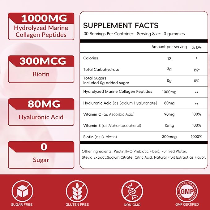 VitalityPeak Marine Collagen Gummies for Women- Hydrolyzed Collagen Peptides 1000mg with Biotin,Vitamin C, E, Hyaluronic Acid- Collagen Supplement for Healthy Skin Hair Nails- Sugar Free, 90 Counts