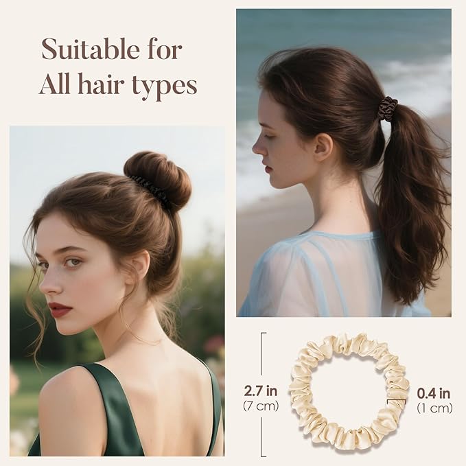 LULUSILK Small Silk Hair Ties No Damage, 100% Real Mulberry Silk, Skinny Scrunchies Ponytail Holders for Thin Fine Hair, Black Ivory and Brown, Pack of 3