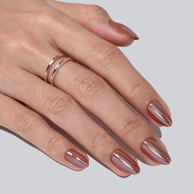 SHANGMENG Brown Press on Nails Short - Soft Gel Almond Chrome Press on Nails for Women, Glossy Glue on Nails with Glue, 16 Sizes - 32 Reusable Fake Nails Kit, Molten Mocha