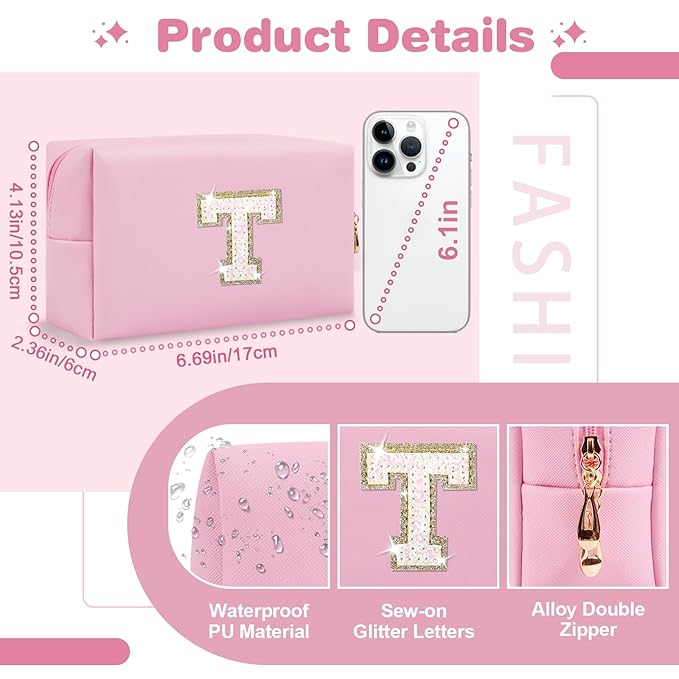 Small Personalized Initial A-Z Patch Makeup Bag,Pink Cute PU Leather Glitter Letter Cosmetic Bag for Teen Girls,Travel Toiletry Bag with Zipper,Preppy Monogrammed Birthday Gift for Daughter Niece T