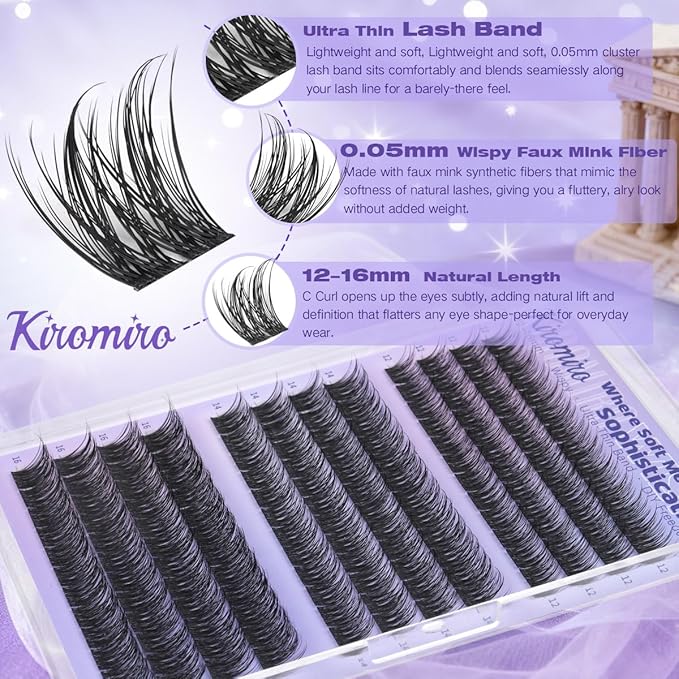 Kiromiro Natural Lash Clusters Kit 12-16mm Cluster Eyelash Extensions C Curl Individual Lash Clusters Kit 144pcs DIY Wispy Eyelash Clusters with Bond and Seal & Tweezers