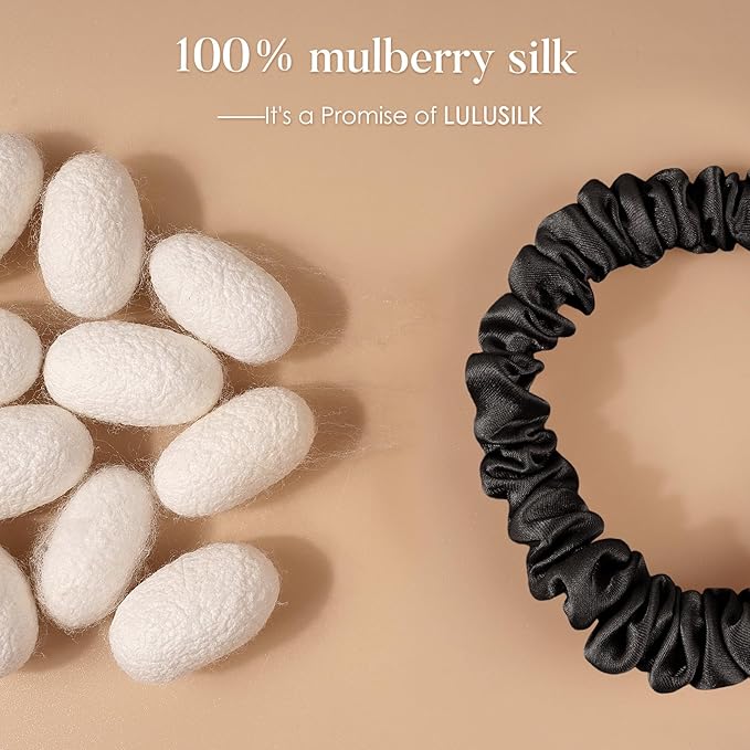 LULUSILK Small Silk Hair Ties No Damage, 100% Real Mulberry Silk, Skinny Scrunchies Ponytail Holders for Thin Fine Hair, Black, Pack of 3